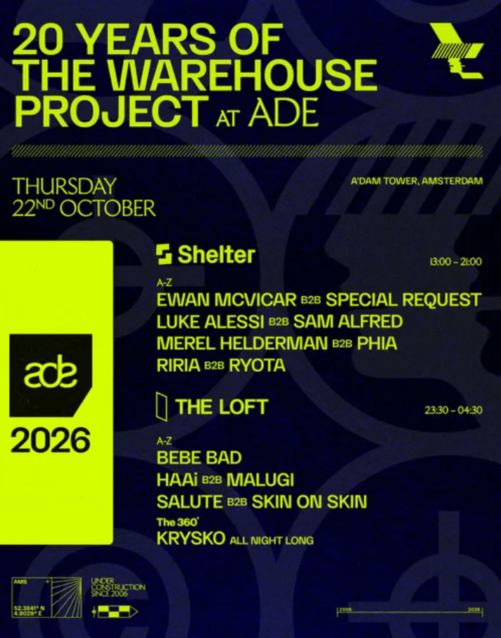 20 Years of The Warehouse Project – The Loft Amsterdam – donderdag 22 oktober 2026 (ADE)