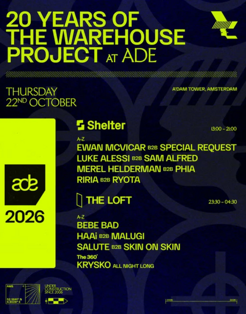 20 Years of The Warehouse Project – The Loft Amsterdam – donderdag 22 oktober 2026 (ADE)