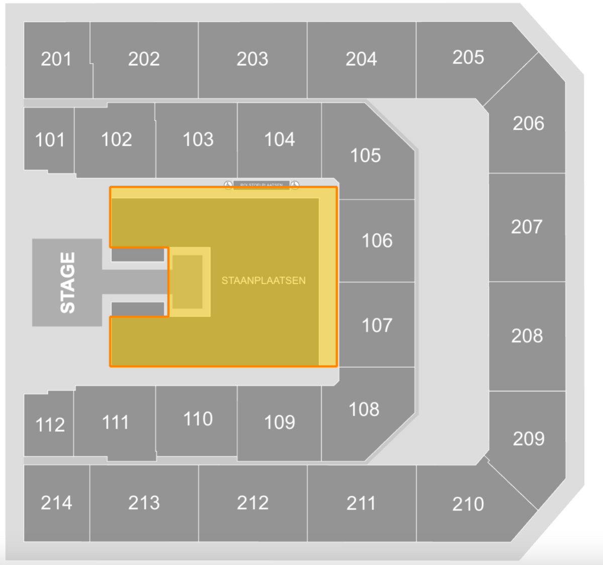 Zaalplattegrond Ziggo Dome met staanplaatsen en genummerde vakken, voor KATSEYE: The Wildworld Tour Amsterdam